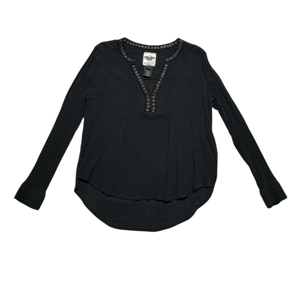 Harley-Davidson Tops - Harley Davidson Grommet Neckline Shirt Crepe Long Sleeve Womens Large Black